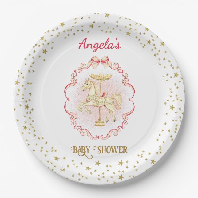 Plato De Papel Placas Baby Shower rosadas y Gold Pony (Anverso)