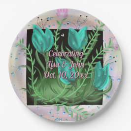 Plato De Papel Placas Bodas de flores Verde azuladas elegantes
