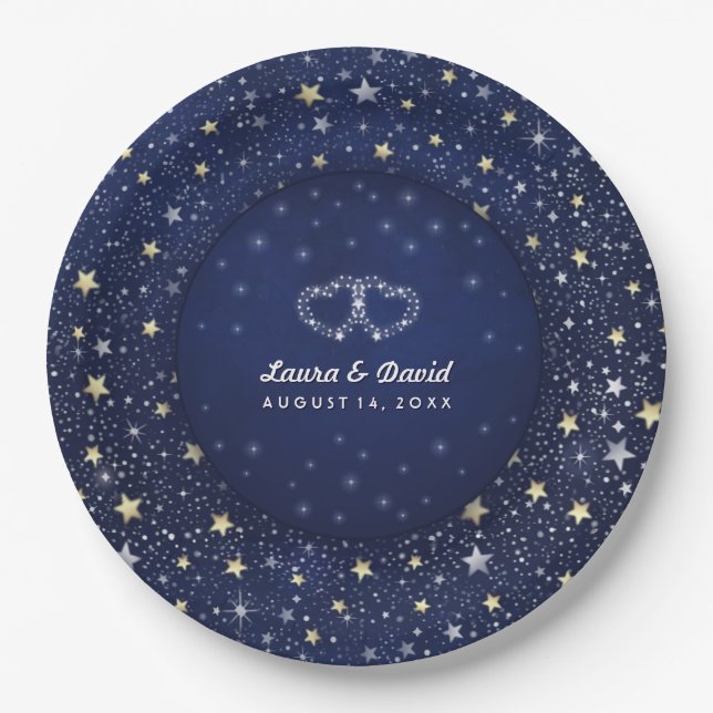 Plato De Papel Placas Bodas de la Marina Blue White & Gold Stars  (Anverso)