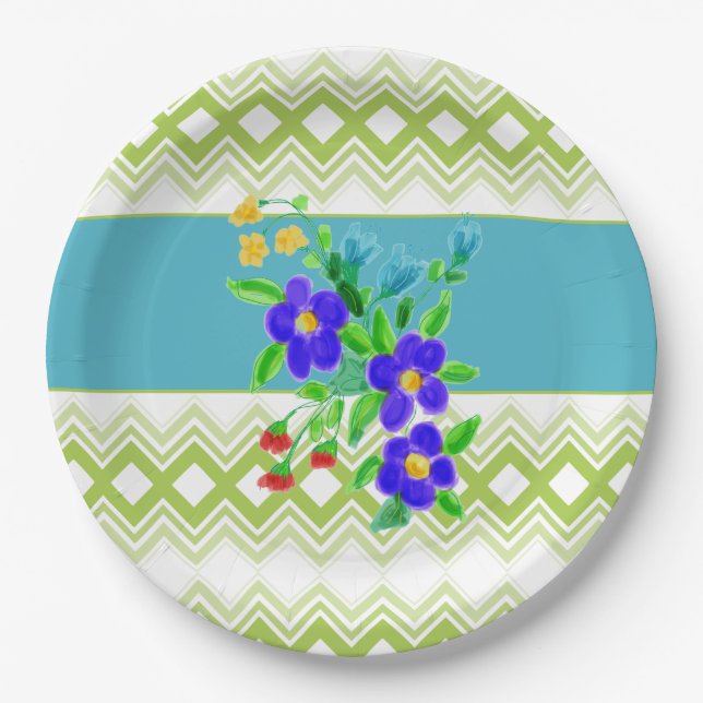 Plato De Papel Placas con flores de bonito en Verde azulado y lim (Anverso)