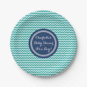 Plato De Papel Placas conocidas de encargo Chevron azul verde