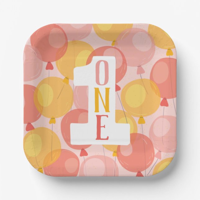 Plato De Papel Placas Cute Balloon First Birday Paper (Anverso)