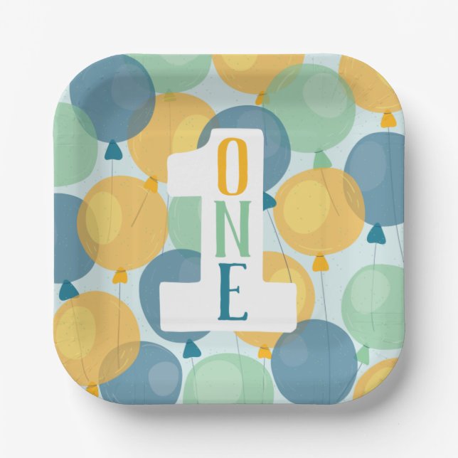 Plato De Papel Placas Cute Balloon First Birday Paper (Anverso)