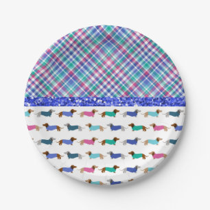 Plato De Papel Placas Dachshund Plaid Blue Green Paper