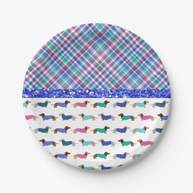 Plato De Papel Placas Dachshund Plaid Blue Green Paper (Anverso)