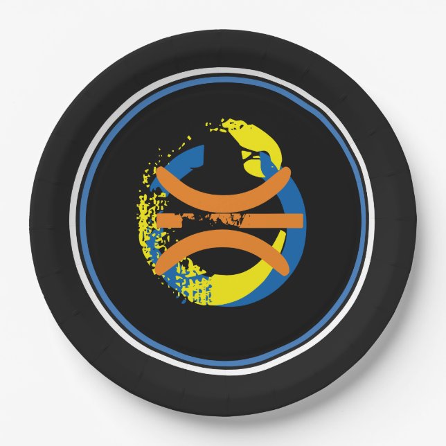 Plato De Papel Placas de 9" de baloncesto azul/amarillo dorado/ne (Anverso)