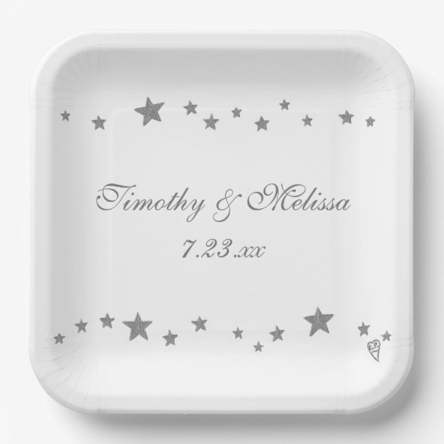 Plato De Papel Placas de boda personalizadas Lively Silver Stars (Anverso)