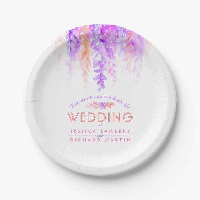Plato De Papel Placas de boda personalizadas naranja púrpura acua (Anverso)