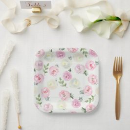 Plato De Papel Placas de color de agua rosado floral de cumpleaño