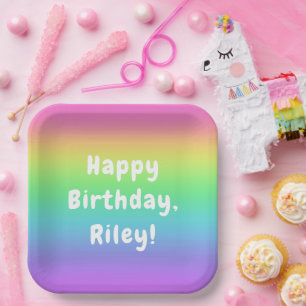 Plato De Papel Placas de cumpleaños de arcoiris personalizadas