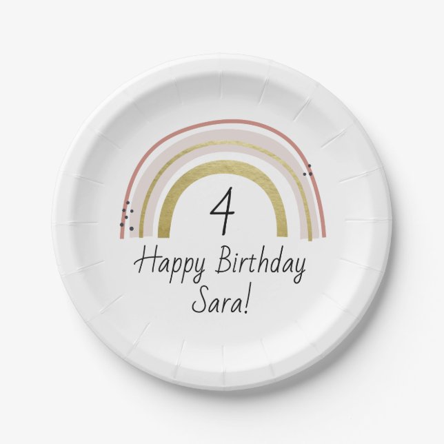 Plato De Papel Placas de cumpleaños de arcoiris personalizadas (Anverso)