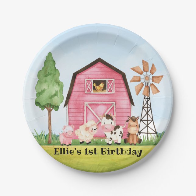 Plato De Papel Placas de cumpleaños de Barnyard para granjas rosa (Anverso)
