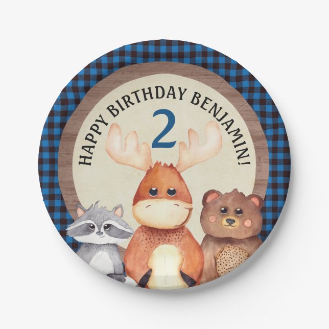 Plato De Papel Placas de cumpleaños de Blue Woodland Lumberjack (Anverso)