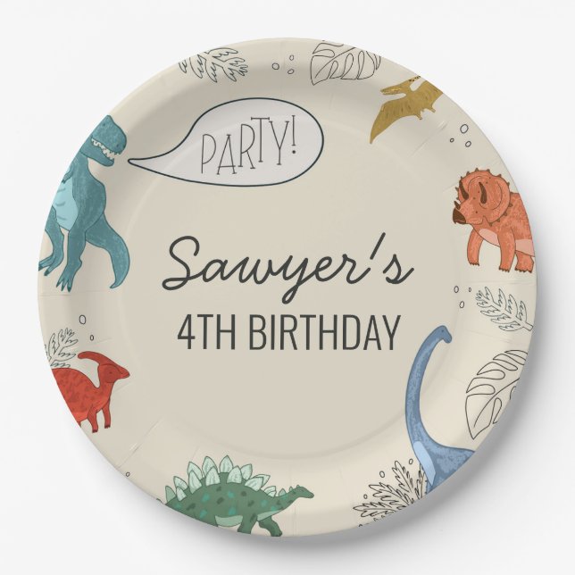 Plato De Papel Placas de cumpleaños de dinosaurios (Anverso)