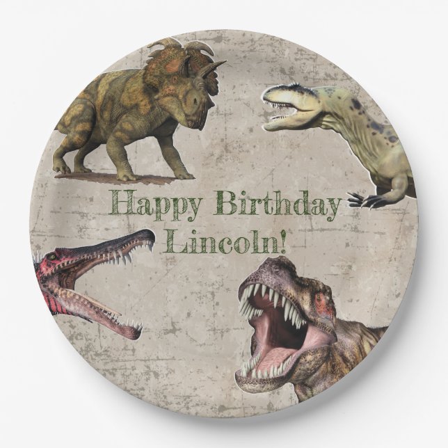 Plato De Papel Placas de cumpleaños de dinosaurios personalizadas (Anverso)