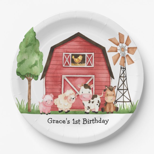 Plato De Papel Placas de cumpleaños de la granja Barnyard (Anverso)
