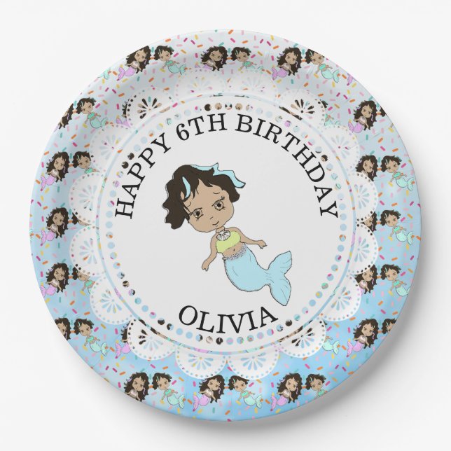 Plato De Papel Placas de cumpleaños de sirena azul personalizadas (Anverso)