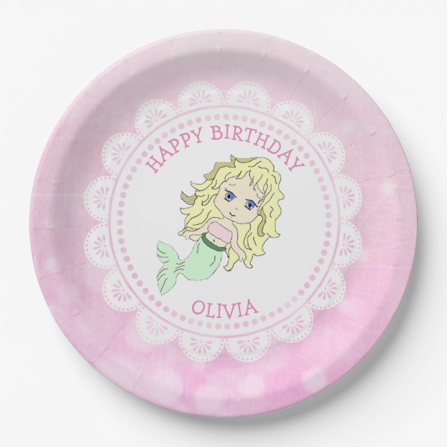 Plato De Papel Placas de cumpleaños de sirena rosa personalizadas (Anverso)