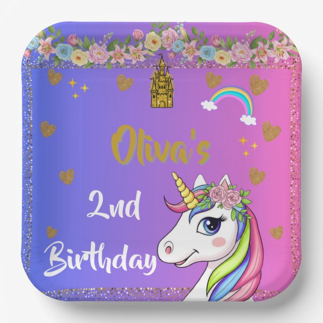 Plato De Papel Placas de cumpleaños de Unicornio | Fiesta de unic (Anverso)