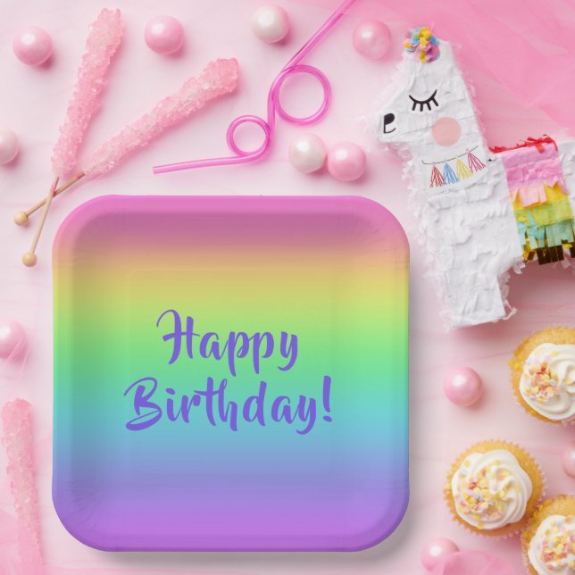 Plato De Papel Placas de cumpleaños gradiente de arcoiris (Fiesta)