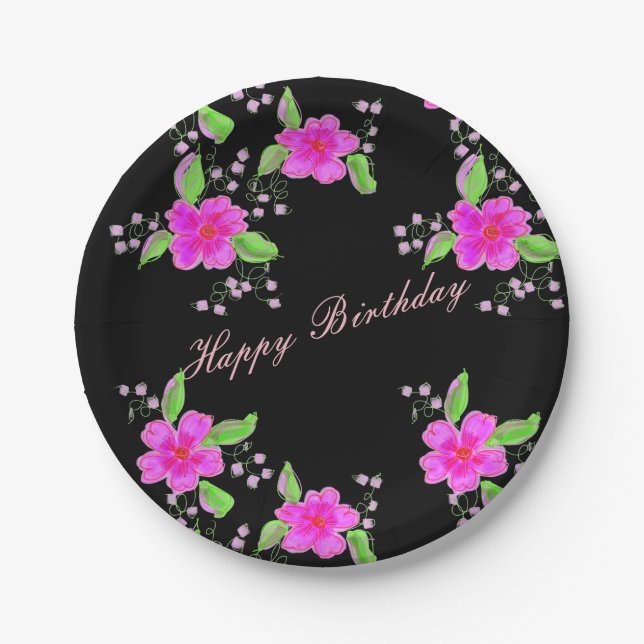 Plato De Papel Placas de cumpleaños negras rosadas y floridas de  (Anverso)
