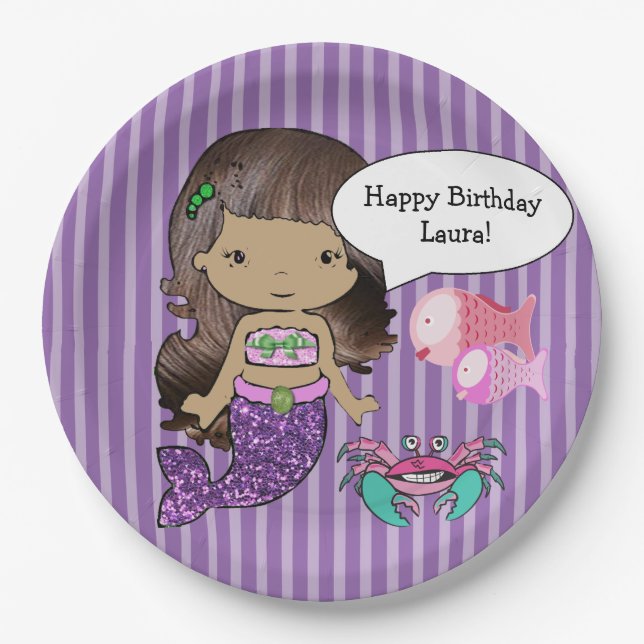 Plato De Papel Placas de fiesta de cumpleaños de sirena morada de (Anverso)
