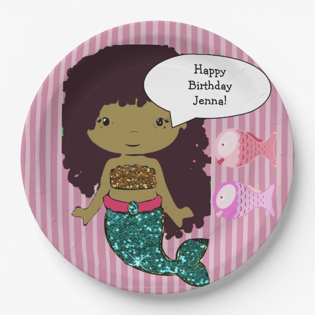 Plato De Papel Placas de fiesta de cumpleaños de sirena rosada y  (Anverso)