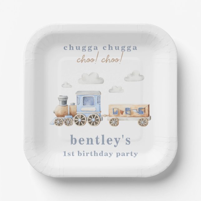 Plato De Papel Placas de fiesta de cumpleaños del tren acuarela (Anverso)