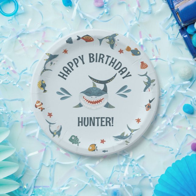 Plato De Papel Placas de fiesta de cumpleaños temáticas del Tibur (shark theme party plates
)