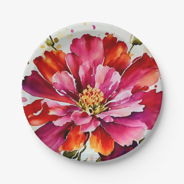 Plato De Papel placas de flores de acuarela de magenta con ráfaga (Anverso)