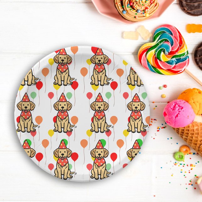 Plato De Papel Placas de la fiesta de cumpleaños de Golden Retrie (Golden Retriever Puppy Birthday Party Plate.  Cute Cartoon Design for Birthday Party.)