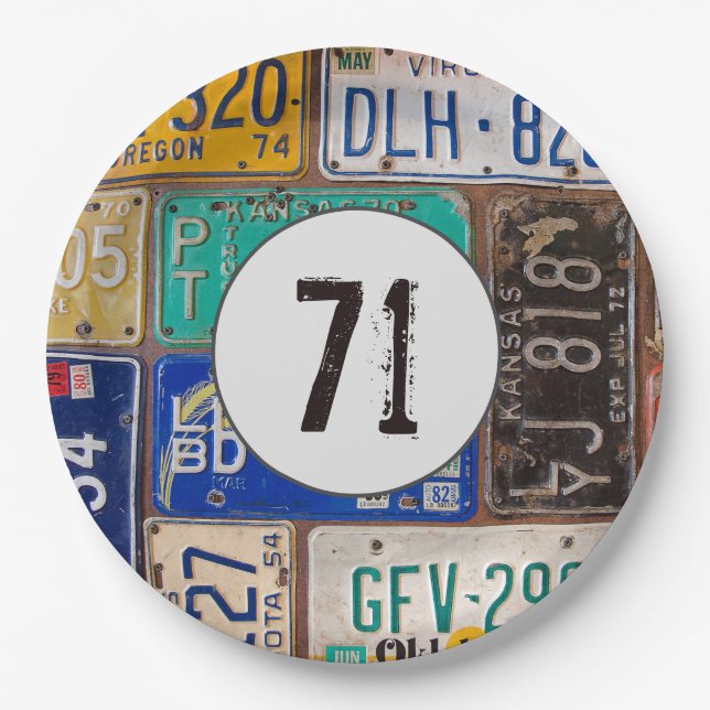 Plato De Papel Placas de licencia rusty 71 cumpleaños (Anverso)