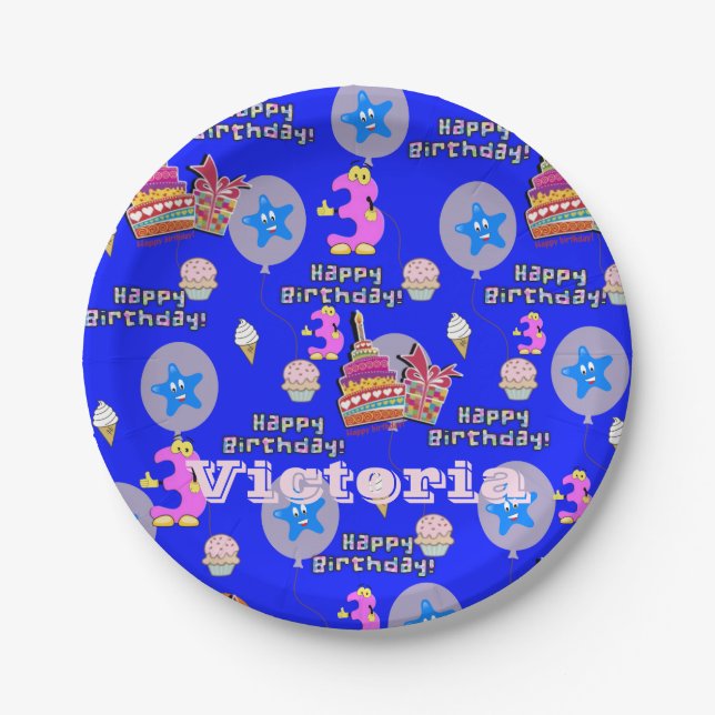 Plato De Papel Placas de papel, 3 años felices #3 globos (Anverso)