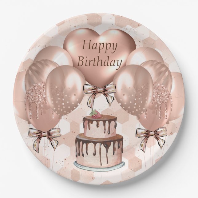 Plato De Papel Placas de papel 9" Set 8 Cumpleaños de Oro Rosa (Anverso)