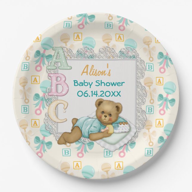 Plato De Papel Placas de papel ABC Teddy Peach y Aqua Baby Shower (Anverso)