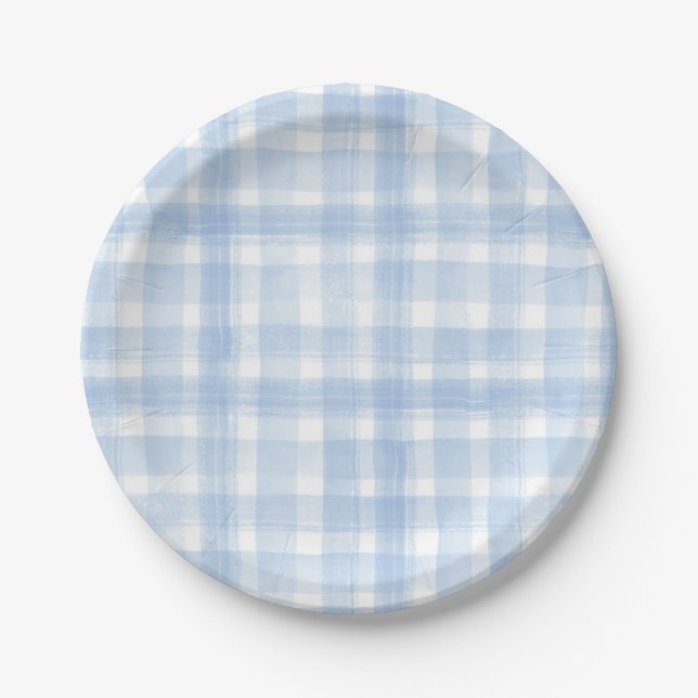 Plato De Papel Placas de papel acuático de Gingham azul (Anverso)