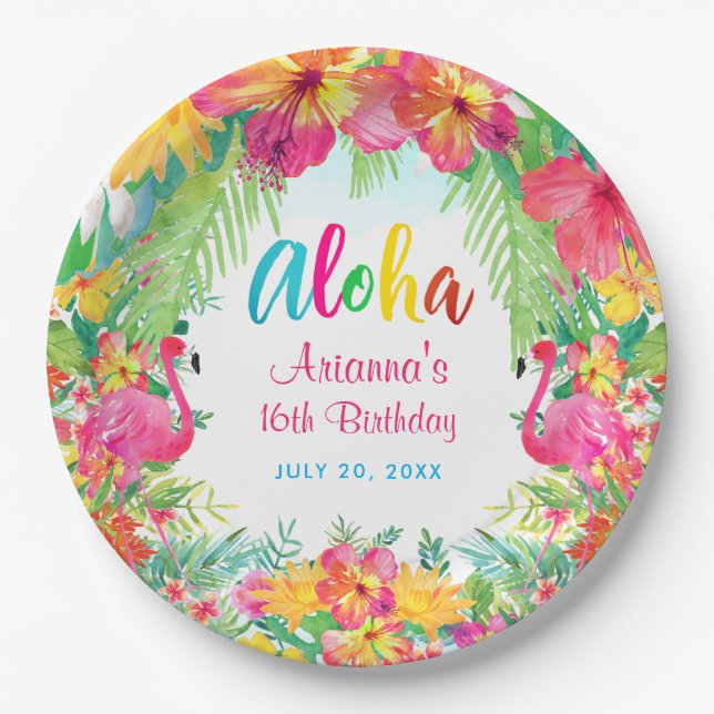 Plato De Papel Placas de papel Aloha Tropical Flamingo Cumpleaños (Anverso)
