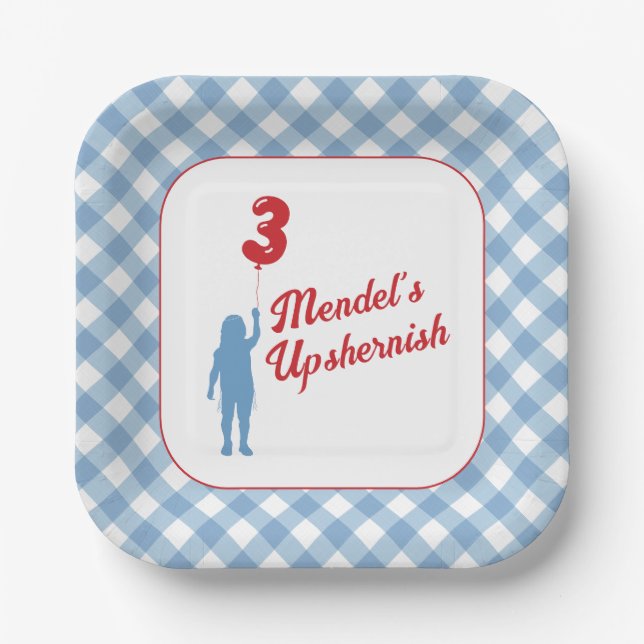 Plato De Papel Placas de papel azul de Gingham Upsherin (Anverso)