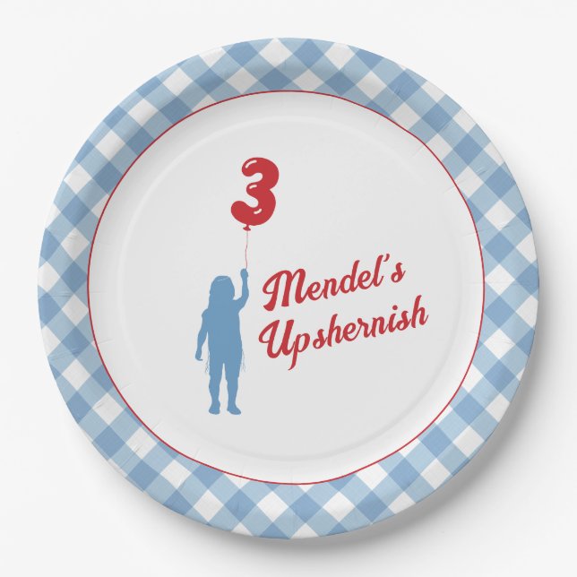 Plato De Papel Placas de papel azul de Gingham Upsherin (Anverso)