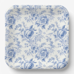 Plato De Papel Placas de papel azul de tela floral de origen fran