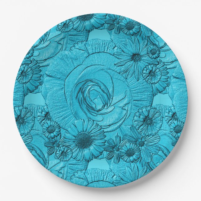 Plato De Papel PLACAS DE PAPEL azul-Lt-Flowers Grabado en relieve (Anverso)