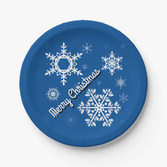 Plato De Papel Placas de papel azul para copos de nieve blancos (Anverso)