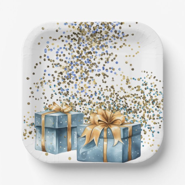 Plato De Papel Placas de papel azul y oro (Anverso)