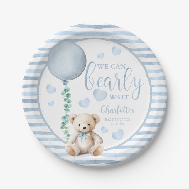 Plato De Papel Placas de papel Baby Shower Bearly Wait Blue (Anverso)