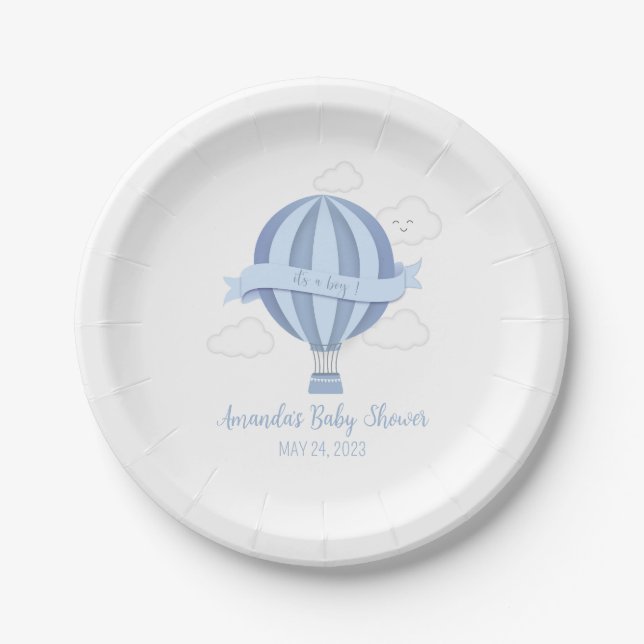 Plato De Papel Placas de papel Baby Shower Blue Hot Air Balloon B (Anverso)