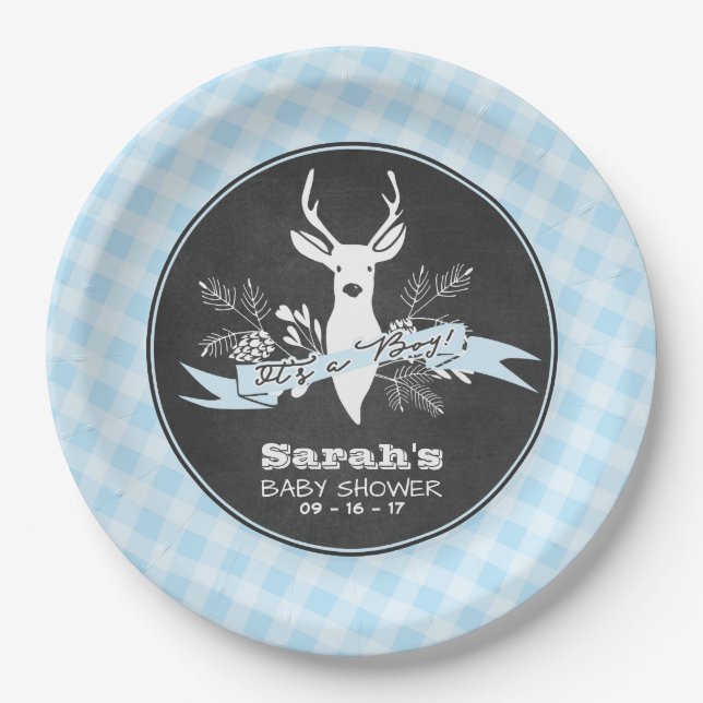 Plato De Papel Placas de papel - Baby Shower Blue Woodland (Anverso)