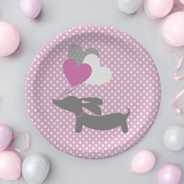 Plato De Papel Placas de papel Baby Shower de Chica rosa Dachshun (Pink dachshund baby shower paper plates - pink wiener dog party)