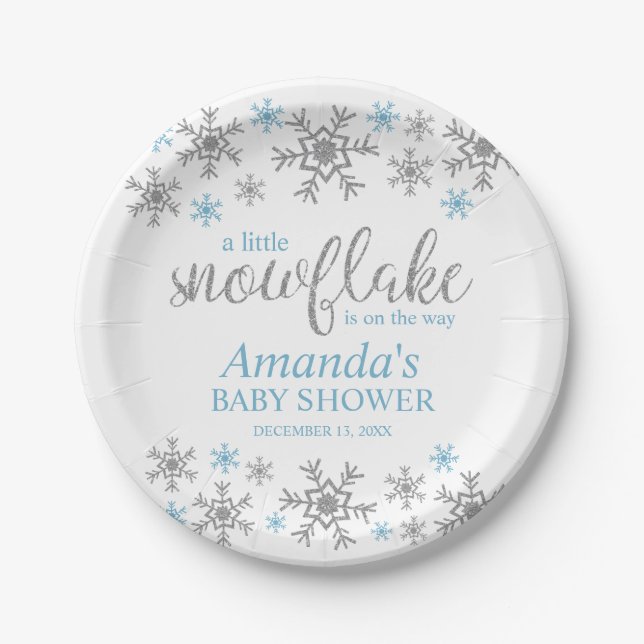 Plato De Papel Placas de papel Baby Shower de copo de nieve azul (Anverso)