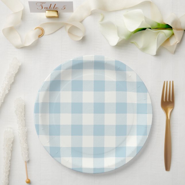 Plato De Papel Placas de papel Baby Shower de Gingham azul (Boda)