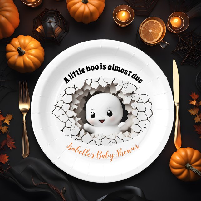 Plato De Papel Placas de papel Baby Shower de peeking Little Boo (Peeking baby ghost Halloween baby Shower Paper Plates, A little boo is almost due, orange text)